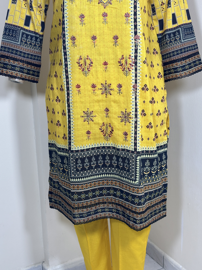 3-Piece Stitched Suit - Yellow Embroidery - Shirt, Trousers & Dupata