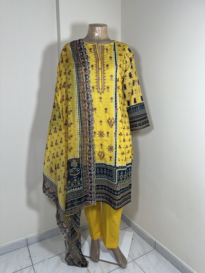 3-Piece Stitched Suit - Yellow Embroidery - Shirt, Trousers & Dupata