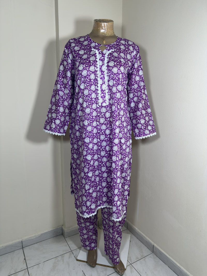 2-Piece Stitched Suit - Purple and White Leaves - Shirt & Trousers - All-Over Design