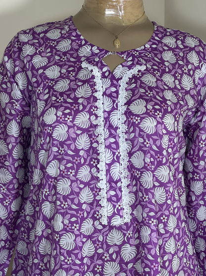 2-Piece Stitched Suit - Purple and White Leaves - Shirt & Trousers - All-Over Design