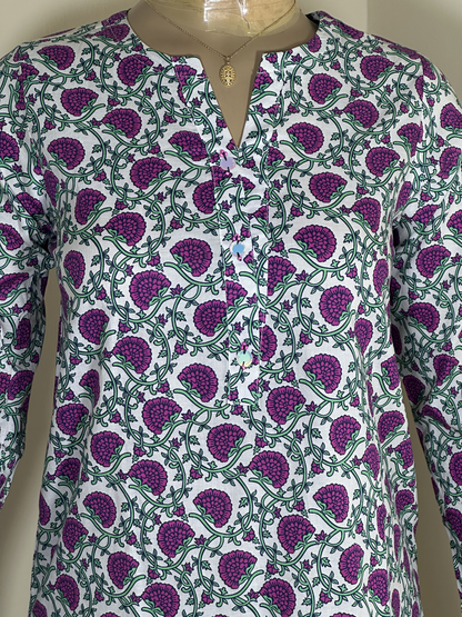 2-Piece Stitched Suit - White & Dark Pink Flowers - Shirt & Trousers